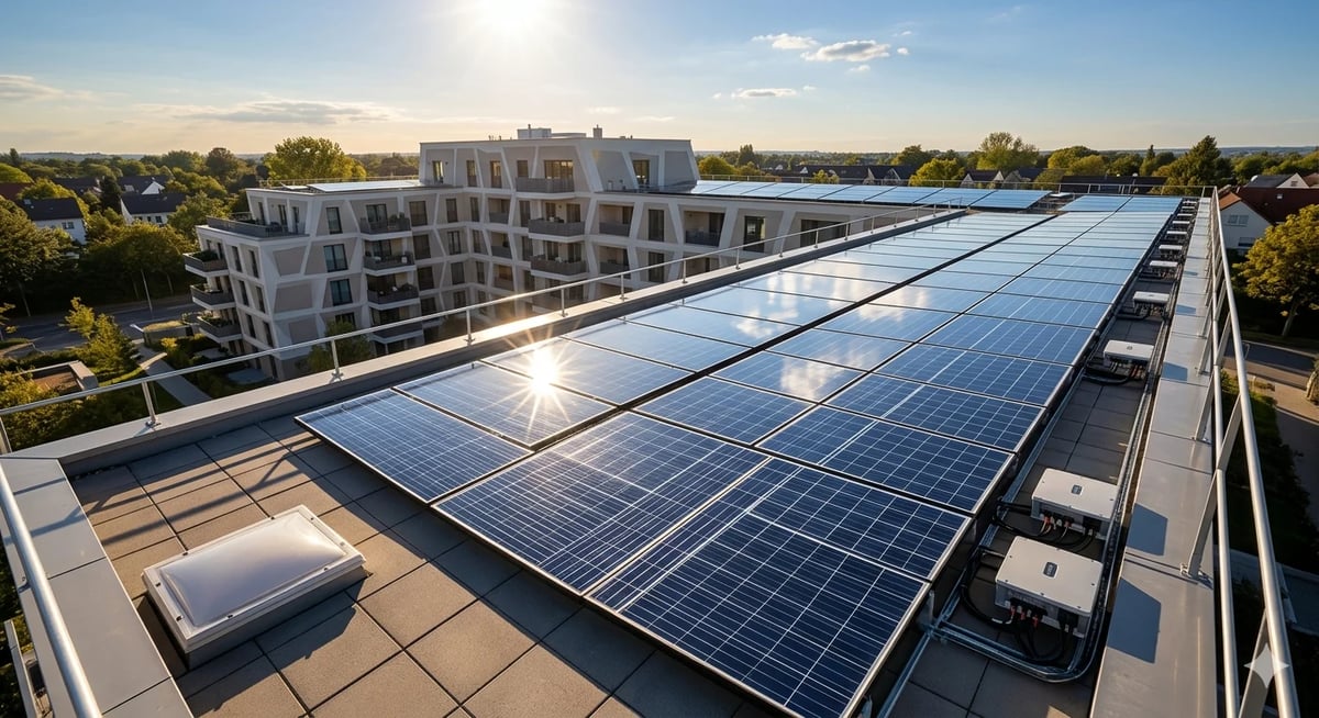 Rooftop solar panel array on modern residential building with suburban trees and sky in background